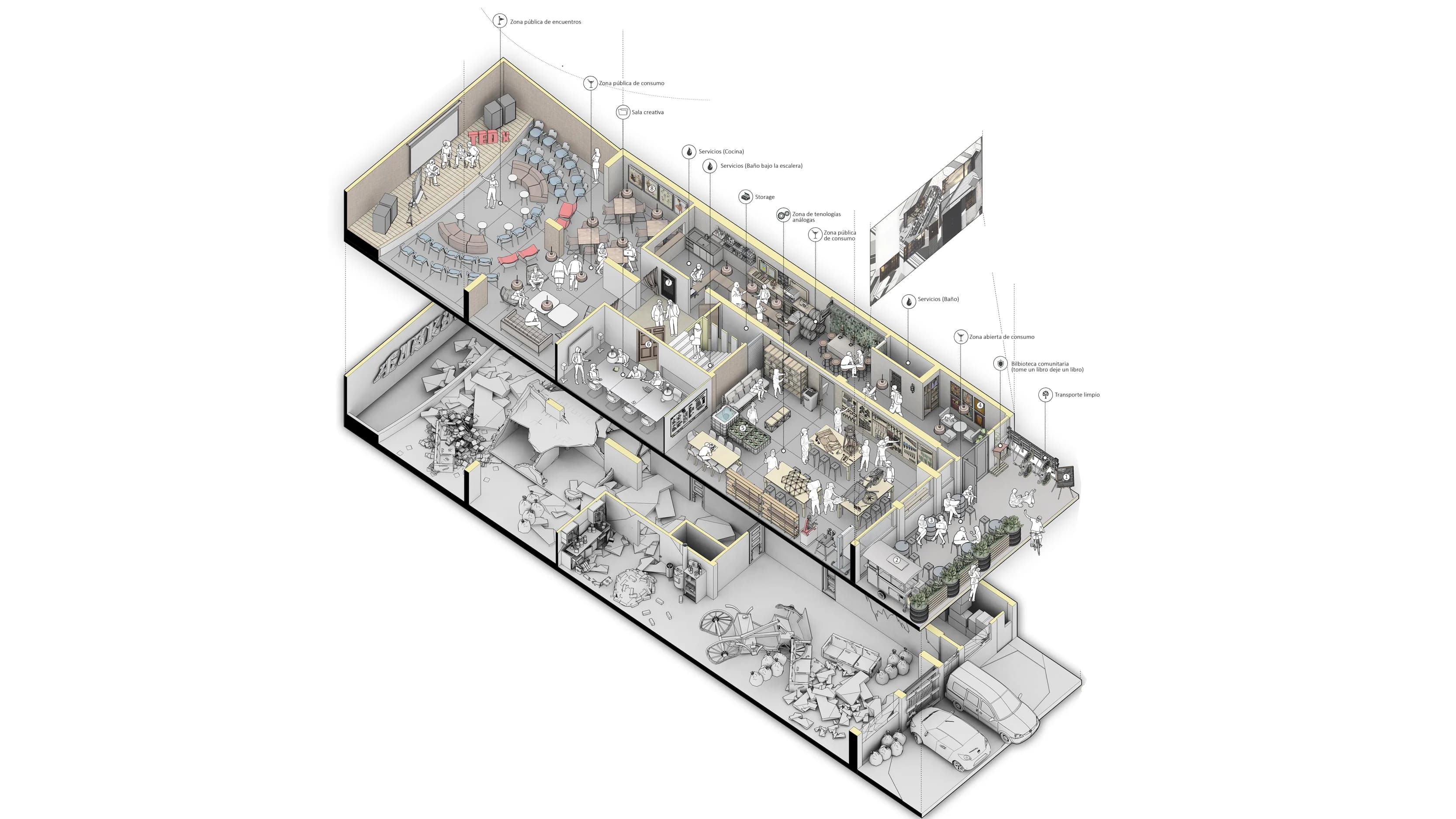 LAB1 isometric architectural plan showing all spaces